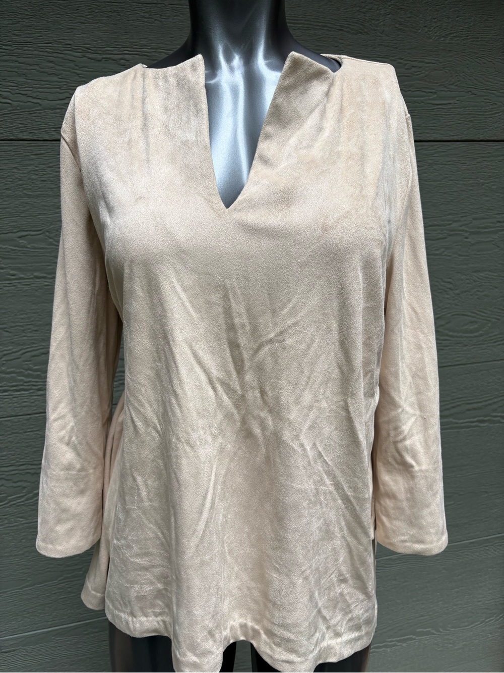 Gretchen Scott Designs Light Tan Faux Suede Split V-Neck Tunic